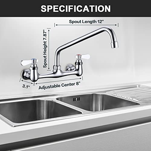 Wall Mount Commercial Sink Kitchen Faucet 8 Inch Adjustable Center | 12 Inch 360 Swivel Spout, Lead-free Brass, For Restaurant Laundry Utility Room, Easy to Install, CUPC NSF Certified - color: A Chrome, size: 12 Inch Spout