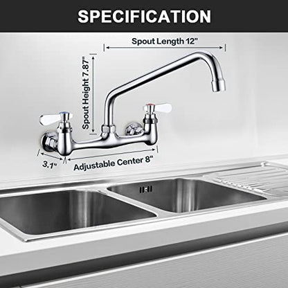 Wall Mount Commercial Sink Kitchen Faucet 8 Inch Adjustable Center | 12 Inch 360 Swivel Spout, Lead-free Brass, For Restaurant Laundry Utility Room, Easy to Install, CUPC NSF Certified - color: A Chrome, size: 12 Inch Spout