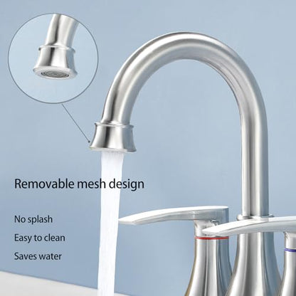 Brushed Nickel Bathroom Faucet, 2-Handle Lead-Free 360° Swivel High-Arc Spout 4 Inch Centerset Bath Lavatory Vanity Sink Faucets Set for Sinks with Drain & Water Hoses, VABM80008L - color: Brushed Nickel