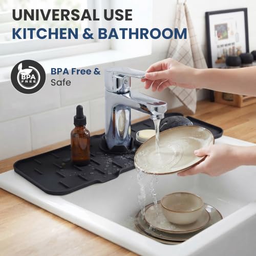 Faucet Splash Guard Mat for Kitchen Sink, Gray & Black, Set of 2 | TPR Drain Pad, Adjustable Center Hole, Self-Draining, Non-Slip, Fits 1.5"–2.5" Base