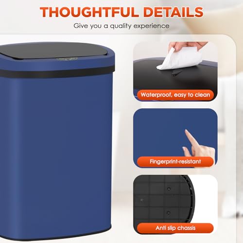 PayLessHere | 13 Gallon Stainless Steel Trash Can | Deep Blue | Automatic Touchless Lid with Motion Sensor | Kitchen Garbage Can with Waterproof Design | for Home, Office, Bathroom | Pack of 1 - color: Deep Blue Stainless Steel