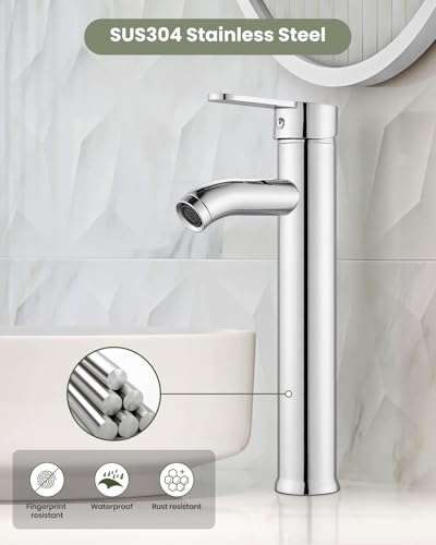 gotonovo Bathroom Vessel Sink Faucet Metal Pop Up Drain, Polish Chrome | Tall Bathroom Faucet 1 Hole Single Handle Modern Round Body, cUPC Water Supply Hoses, for Basin Vanity Lavatory Restroom Rv - color: Chrome