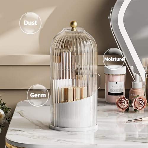 Dustproof Toothbrush Holder with Lid, 360 Rotating Countertop Electric Toothbrush Toothpaste Holders with Cover for Bathroom, 3 Slots Makeup Brush Holder with Lid for Vanity, Clear Grey - color: White with Clear Grey Lid