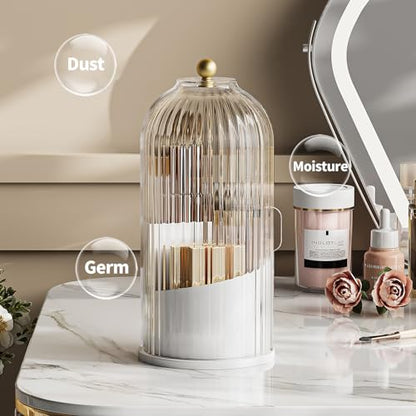 Dustproof Toothbrush Holder with Lid, 360 Rotating Countertop Electric Toothbrush Toothpaste Holders with Cover for Bathroom, 3 Slots Makeup Brush Holder with Lid for Vanity, Clear Grey - color: White with Clear Grey Lid