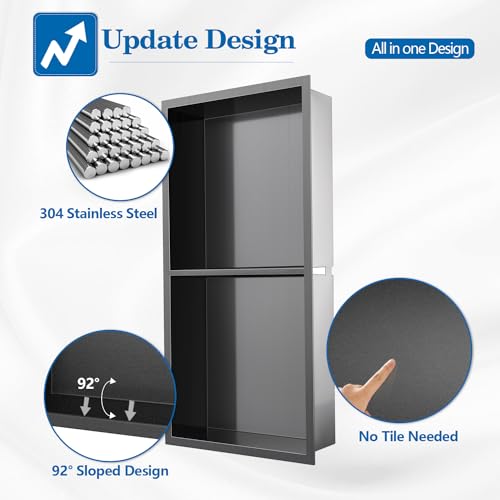 12" x 24" Shower Niche No Tile Needed | 304 Stainless Steel Shower Wall Niche, Recessed Shower Shelf for Shower or Bathroom Storage, Black - color: 12"x24" Black
