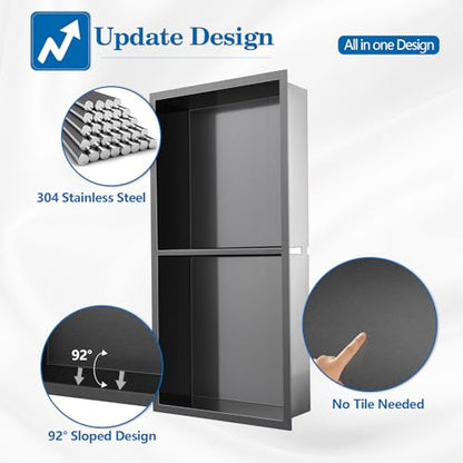 12" x 24" Shower Niche No Tile Needed | 304 Stainless Steel Shower Wall Niche, Recessed Shower Shelf for Shower or Bathroom Storage, Black - color: 12"x24" Black