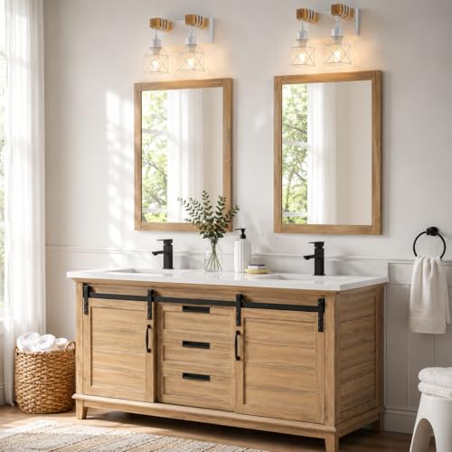 Farmhouse Vanity Light Fixture,2-Light Bathroom Lighting,White Modern Wood Wall Light Over Mirror with Metal Shade - color: White, size: 2-Light-Wide 12"