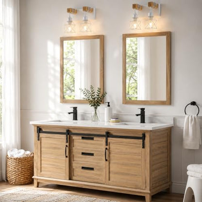 Farmhouse Vanity Light Fixture,2-Light Bathroom Lighting,White Modern Wood Wall Light Over Mirror with Metal Shade - color: White, size: 2-Light-Wide 12"