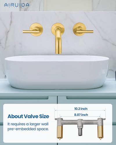 Airuida Wall Mounted Bathroom Sink Faucet,Brushed Gold Vanity Sink Faucet | Lever Handle,3 Holes,360° Widespread Swivel Spout,Rotatable Bathroom Faucet - color: Brushed Gold
