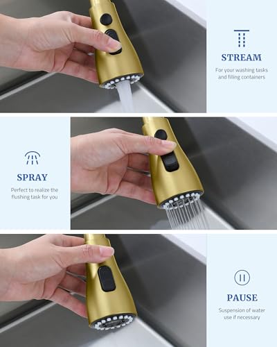 Kitchen Faucet Head Replacement, 15 Adapters, 3-Mode Pull Down Sprayer Head | 3 Functions Stream Spray Pause, Easy 5-Min Install, Pull Out Nozzle, Brushed Gold, Compatible with Moen Delta Hansgrohe - color: Brushed Gold