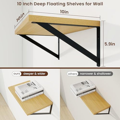 Deep Floating Shelves, 16'' x 10'' Oak Wall Shelves Set of 2 | 10 Inch Deep Shelves with Heavy Duty Brackets, Rustic Wood Shelves for Bathroom Living Room, Engineered Wood, 35LBS - color: Oak, size: 16W x 10D