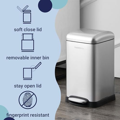 happimess Betty Retro Mini 3.2 Gal Step Trash Can, Platinum Silver | Soft-Close Lid, Fingerprint Proof, Removable Liner, Stainless Steel, Hands-Free Pedal - color: Chrome