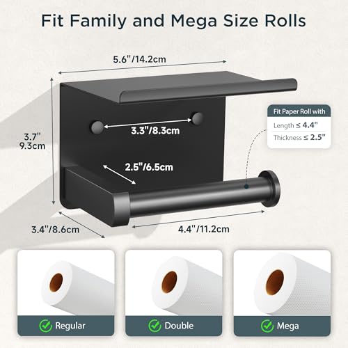 FORIOUS Toilet Paper Holder with Shelf, Adhesive or Screw, Matte Black | Wall Mount Toilet Paper Roll Holder for Bathroom, Stainless Steel Commercial Toilet Tissue Roll Dispenser with Phone Shelf - color: Matte Black