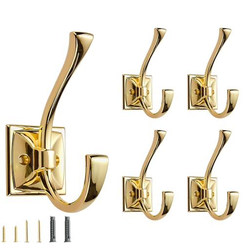 5 Pack Decorative Heavy Duty Towel Hooks for Hanging Robe Double Polished Brass Coat Hooks Wall Mounted with Screws for Key, Towel, Bags, Cup, Hat - color: Polished Brass