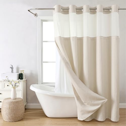 Eachope No Hooks Polyester Textured Shower Curtain with Snap-in Fabric Liner Set, Hotel Luxury Decor Shower Curtains for Bathroom with See Through Top Window, Waterproof & Washable, 71Wx74H, Cream | 230GSM Thick Fabric,Hotel Luxury Decor,Mesh Top Window,M
