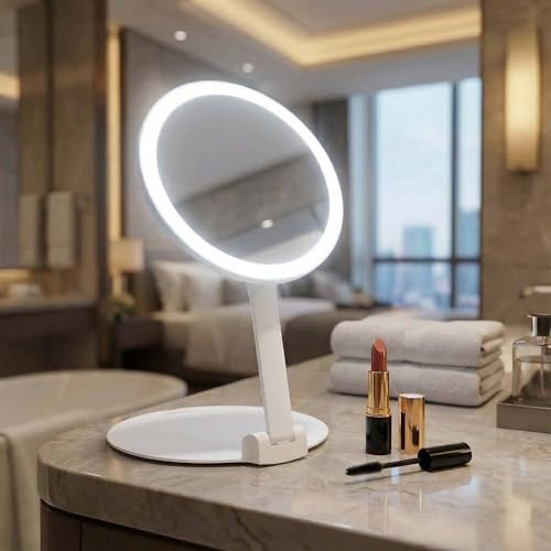 Fancii 10x Travel Magnifying Makeup Mirror with Lights, Rechargeable, Height Adjustable 8" Stand, 3 Dimmable Color Modes, Portable LED Vanity Mirror (Abigail)
