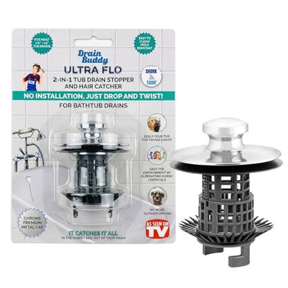 Drain Buddy Ultra Flo No Installation 2 in 1 Clog Preventing Tub Drain Stopper and Hair Catcher for 1 3/8" to 1.5" Bathtubs and Utility Sinks Chrome Metal Cap - color: Chrome
