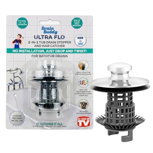 Drain Buddy Ultra Flo No Installation 2 in 1 Clog Preventing Tub Drain Stopper and Hair Catcher for 1 3/8" to 1.5" Bathtubs and Utility Sinks Chrome Metal Cap - color: Chrome