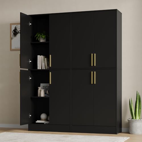 Housoul 71" Tall Pantry Cabinet, 4 Doors Kitchen Pantry Storage Cabinet, Freestanding Larder Cupboard, Kitchen Hutch with Gold Handles for Dining Room, Bathroom, Black - color: Black