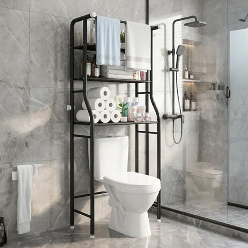 UDEAR 3-Tier Over The Toilet Rack,with Hanging Rod,Tower Shelf,Black | Toilet Towel Rack, Three-layer Iron Plate, Suitable for Bathrooms - color: Black