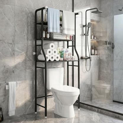 UDEAR 3-Tier Over The Toilet Rack,with Hanging Rod,Tower Shelf,Black | Toilet Towel Rack, Three-layer Iron Plate, Suitable for Bathrooms - color: Black