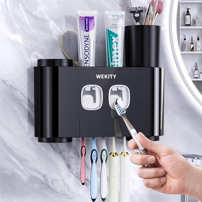 Toothbrush Holder,Multi-Functional Wall Mounted Toothbrush Holder,Toothpaste Dispenser for Bathroom with 2 Toothpaste Squeezers,5 Toothbrush Slots and 4 Cups(Black) - color: Black