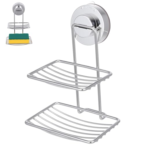 Stainless Steel Soap Holder with Powerful Vacuum Suction Cup Double Layer Suction Cup Soap Dish Holder for Bathroom Wall Mount for Shower and Sink