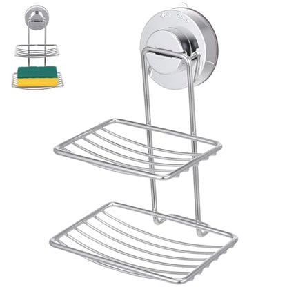 Stainless Steel Soap Holder with Powerful Vacuum Suction Cup Double Layer Suction Cup Soap Dish Holder for Bathroom Wall Mount for Shower and Sink