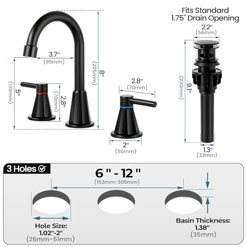 8 Inch Bathroom Faucet 3 Hole Black 2 Handle Bathroom Sink Faucet | Stainless Steel, 360° Swivel Spout, Widespread 2 Handle, Includes Pop-Up Drain,Water Supply Lines, Matte Black - color: Matte Black