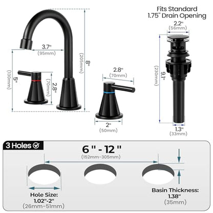 8 Inch Bathroom Faucet 3 Hole Black 2 Handle Bathroom Sink Faucet | Stainless Steel, 360° Swivel Spout, Widespread 2 Handle, Includes Pop-Up Drain,Water Supply Lines, Matte Black - color: Matte Black