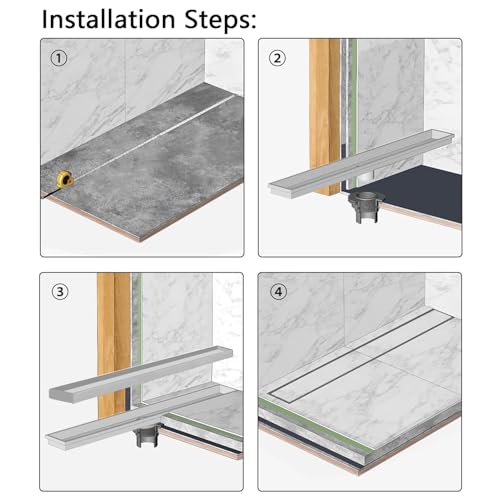 24 Inch Tile Insert Linear Shower Drain with Leveling Feet and Rubber Gasket 2" Outlet Plastic ABS Flange and Hair Strainer - Removable Brushed SS304 Grate - Fit 2" or 3" Pipe