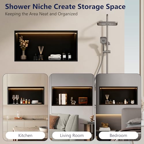 LED Shower Niche 24 X 12 Shower Niche No Tile Needed | 304 Stainless Steel Shower Niche with 3000K Warm Light, IP65 Waterproof Bathroom Niche for Shower, Remote Control, Seamless - color: Matte Black-warm White, size: 24" X 12"