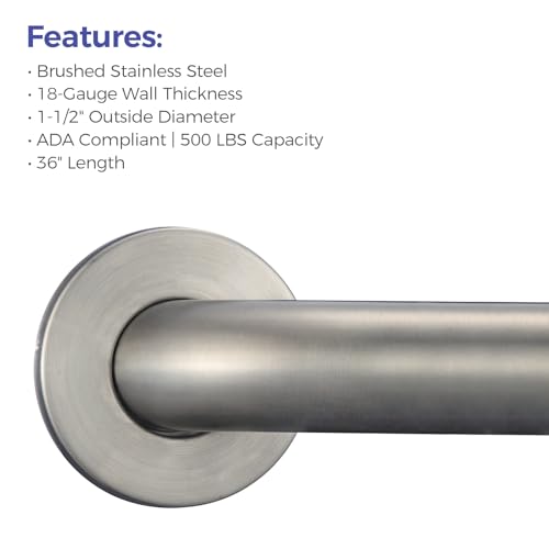 Stardrix 36-Inch ADA Compliant Grab Bar, 1.5" Diameter, Concealed Mounting Flanges, Handicap Friendly, Commercial & Residential Bathrooms, Brushed Stainless Steel - color: Brushed, size: 36"
