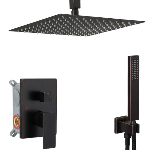 16 Inch Oil Rubbed Bronze Ceiling Mount Shower System Bathroom Luxury Rain Mixer Shower Combo Set Ceiling Rainfall Shower Head System Faucet Contain Rough-in Valve and Trim Included - color: Oil Rubbed Bronze, size: 16 Inch