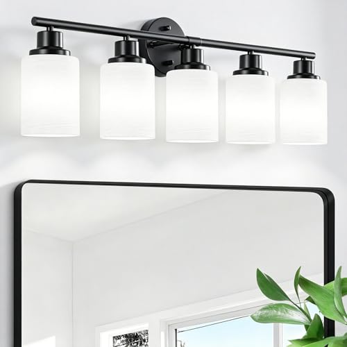 5-Light Bathroom Light Fixtures, E26 Base Vanity Lights for Mirror with Textured Milky White Glass Shade, Modern Kitchen Light Fixtures Wall Sconce Light - Black - color: Black, size: 31.4 Inch : 5-Light