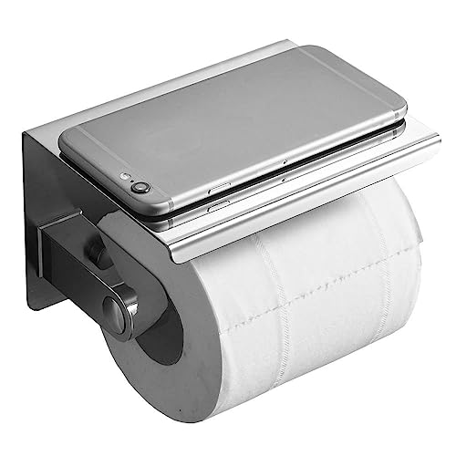 Toilet Paper Holder with Phone Shelf, Wall Mounted Stainless Steel Tissue Dispenser for Bathroom (Single Roll-Silver) - color: Single Roll-silver