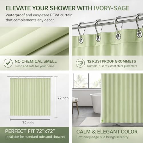 EHZNZIE Sage Shower Curtain Liner 72x72, PEVA Waterproof Bath Curtain, No Chemical Smell, 3 Weighted Magnets, Durable with Rustproof Metal Grommets - color: Sage, size: 72"W x 72"L (Pack of 1)