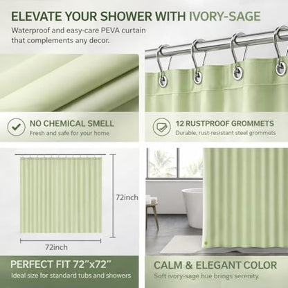 EHZNZIE Sage Shower Curtain Liner 72x72, PEVA Waterproof Bath Curtain, No Chemical Smell, 3 Weighted Magnets, Durable with Rustproof Metal Grommets - color: Sage, size: 72"W x 72"L (Pack of 1)