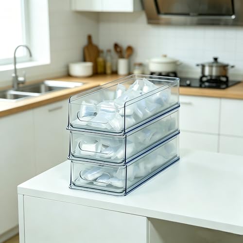 3 Tier Stackable Storage Drawer Organizer, Clear, Small | Plastic, Narrow Pull Out Container, For Under Sink, Corner, Kitchen Cabinet, Coffee bar, Pantry, Laundry, Countertop