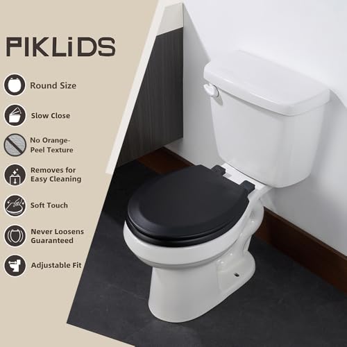 Toilet Seat, Slow Close, Soft Touch, Ultra-Smooth Matte Finish (No Orange-Peel Texture), Premium Moulded Wood, Quick Release, PIKLiDS (Black, Round) - color: Black, size: Round