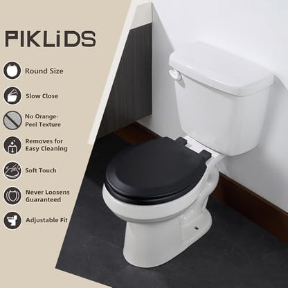Toilet Seat, Slow Close, Soft Touch, Ultra-Smooth Matte Finish (No Orange-Peel Texture), Premium Moulded Wood, Quick Release, PIKLiDS (Black, Round) - color: Black, size: Round