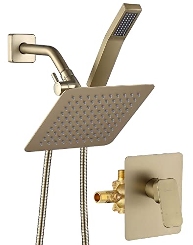 G-Promise Rain Shower Head and Handle Set for Modern Bathroom Upgrade | All Metal, Built to Last, Including the Required Accessories, Modern Upgrade, Extra Flexible Long Lose - color: Brushed Gold