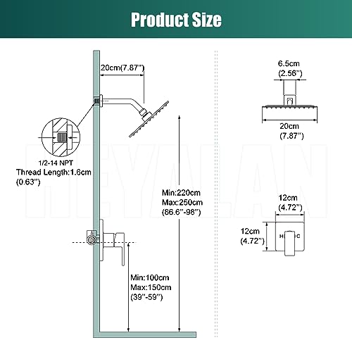 Heyalan 8-Inch Square Rain Shower Faucet Set with Valve, Polished Chrome | SUS304 stainless steel shower head, male NPT 1/2-inch valve, single-handle control, adjustable angle, 1.8 GPM - color: Chrome