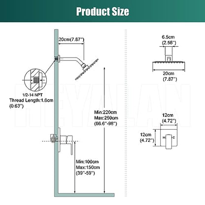 Heyalan 8-Inch Square Rain Shower Faucet Set with Valve, Polished Chrome | SUS304 stainless steel shower head, male NPT 1/2-inch valve, single-handle control, adjustable angle, 1.8 GPM - color: Chrome