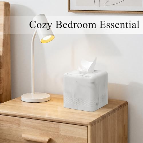 Resin Tissue Box Cover, Modern Square Holder,White | White resin tissue box cover with modern square design and silicone feet for bathroom vanity, office desk, and living room - color: White