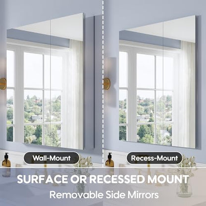32" x 36" Bathroom Medicine Cabinet with Mirror, Anodized Chrome Aluminum Frame, Surface Mount or Recessed Medicine Cabinet with Mirror, Bathroom Mirror with Storage, Double Doors - size: 32"x36"-A