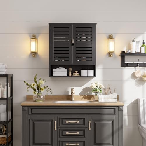 SMIBUY Bathroom Cabinet Wall Mounted, Bamboo Over-The-Toilet Storage Organizer, Space Saver Medicine Cabinet with 2 Door and Adjustable Shelves (Black) - color: Black