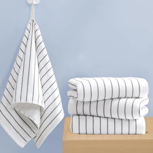 VOOVA & MOVAS White Striped Hand Towels 4 Pack, 100% Cotton, 13x28 in | Ideal for Home Bathroom & Kitchen, Hanging Loops, 450GSM, Ultra Absorbent & Quick Dry, White Base with Black Stripes - color: White Stripe