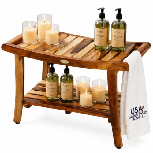 EcoDecors 30 Inch Harmony Natural Color Waterproof Teak Wood Shower Bench Stool Seat Chair For Inside Shower Storage Shelf Provides Safety, Storage, and Organization For Bathroom Accessories | Solid plantation teak offers natural water resistance and supp