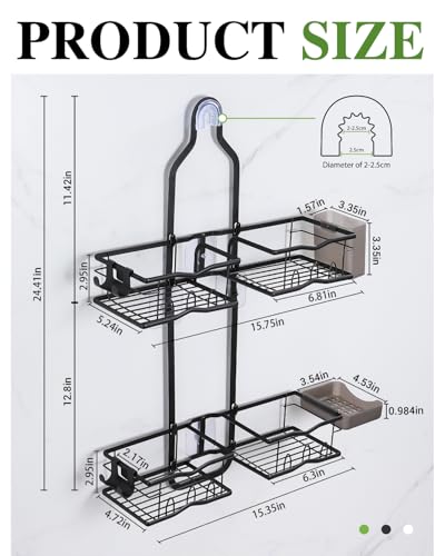 Shower Caddy Hanging – Rustproof Shower Organizer Hanging for Inside Shower – Over the Showerhead Rack with Soap Holder & Razor Hooks, No Drilling Bathroom Shower Shelves and Storage, Black